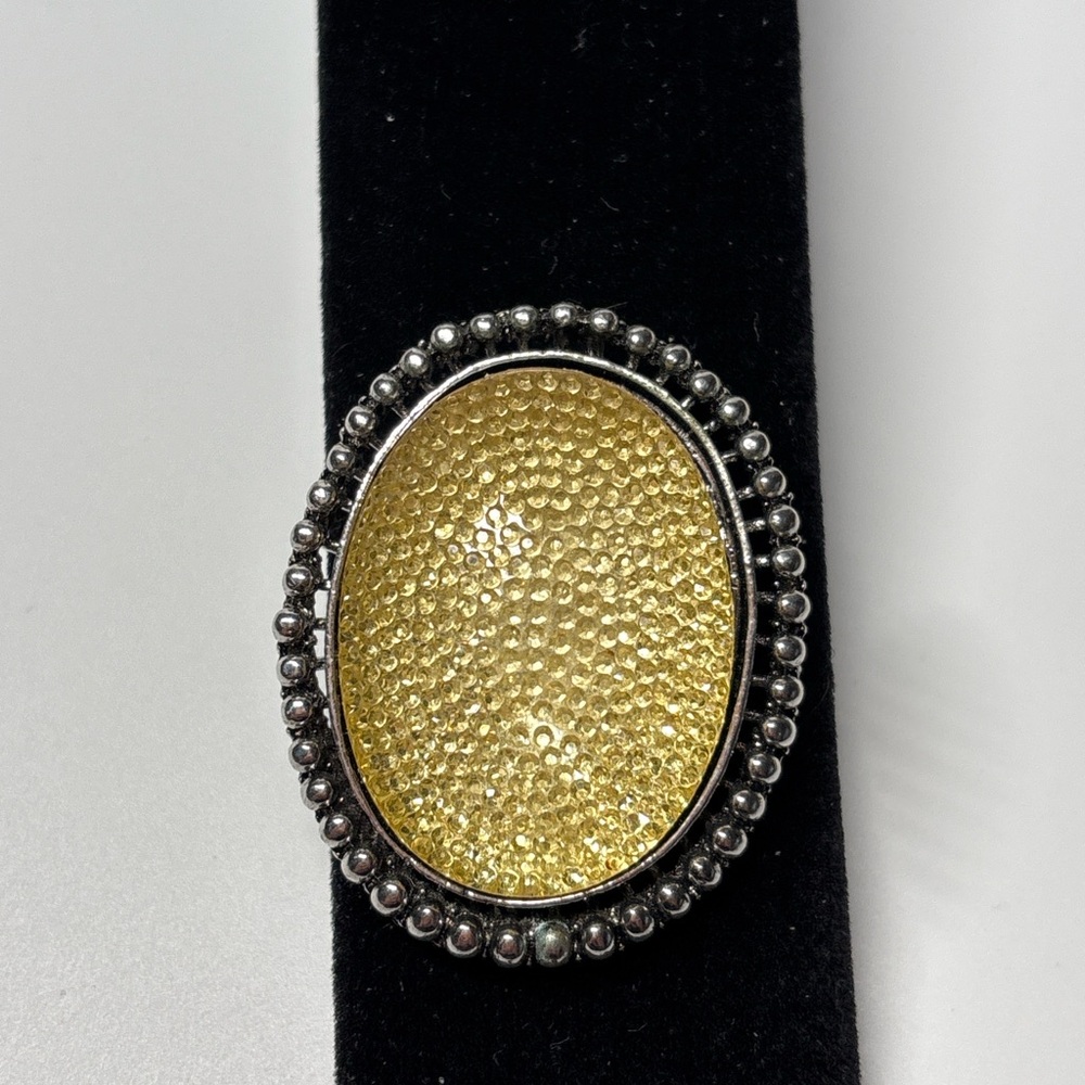 Gold Tone Druzy Style Oval Pendant Silver Tone Beaded Frame Statement Jewelry